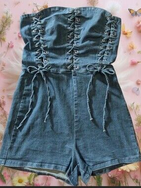 Denim Lace-Up Strapless Romper Shorts - Blue